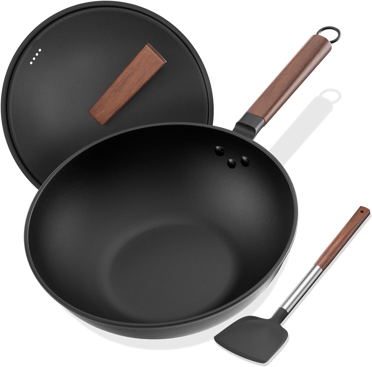 Carbon Steel Wok - Including Glass Cover and Silicone Spatula, 13-Inch Woks & Stir-Fry Pans for Induction, Electric, Gas Stoves - Grand Goldman