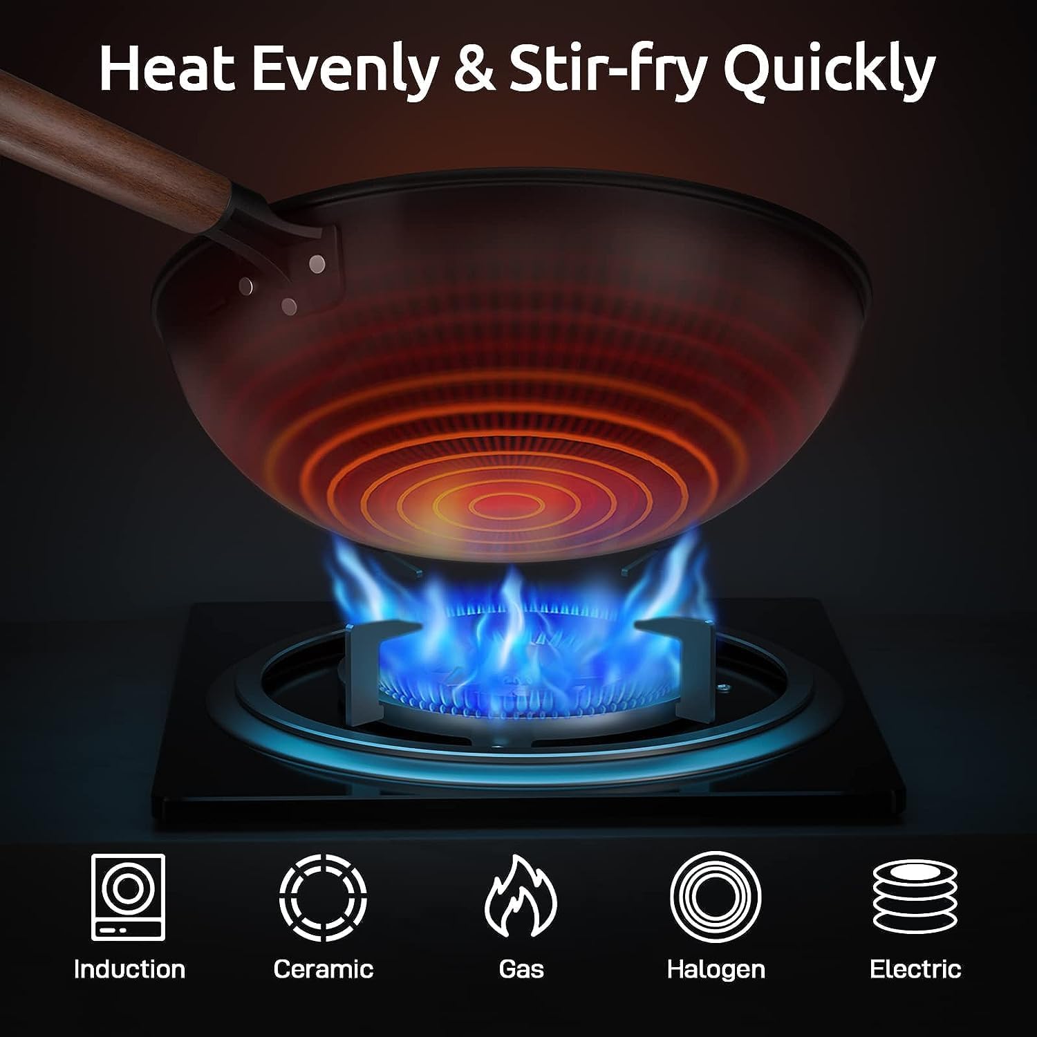 Carbon Steel Wok - Including Glass Cover and Silicone Spatula, 13-Inch Woks & Stir-Fry Pans for Induction, Electric, Gas Stoves - Grand Goldman