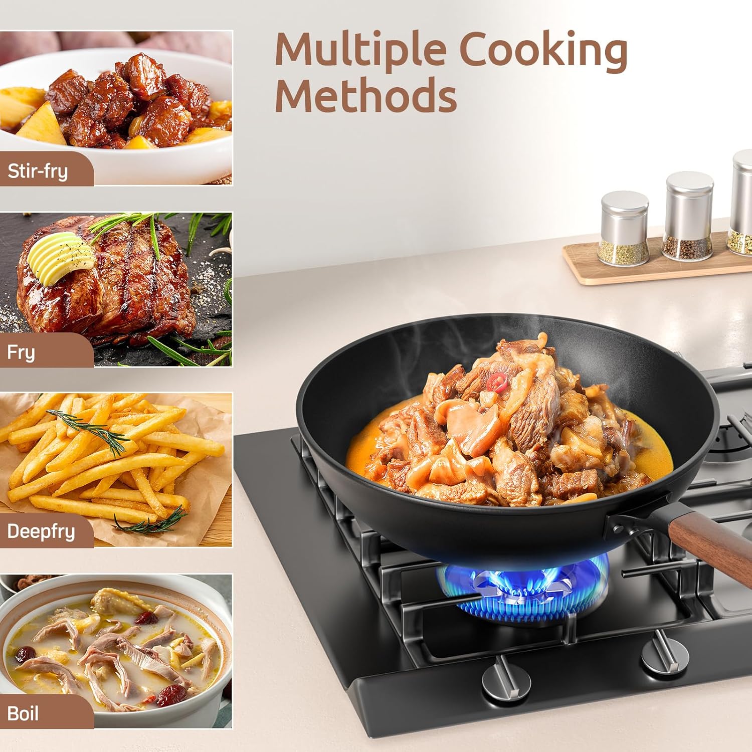 Carbon Steel Wok - Including Glass Cover and Silicone Spatula, 13-Inch Woks & Stir-Fry Pans for Induction, Electric, Gas Stoves - Grand Goldman