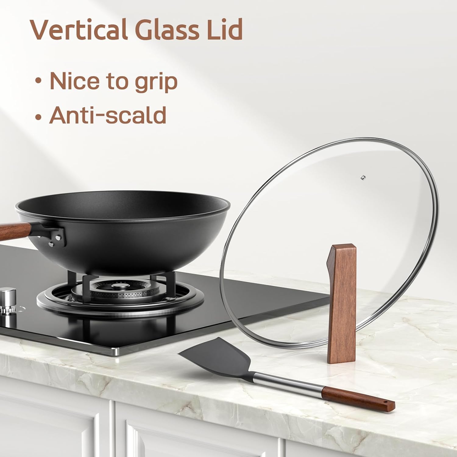 Carbon Steel Wok - Including Glass Cover and Silicone Spatula, 13-Inch Woks & Stir-Fry Pans for Induction, Electric, Gas Stoves - Grand Goldman