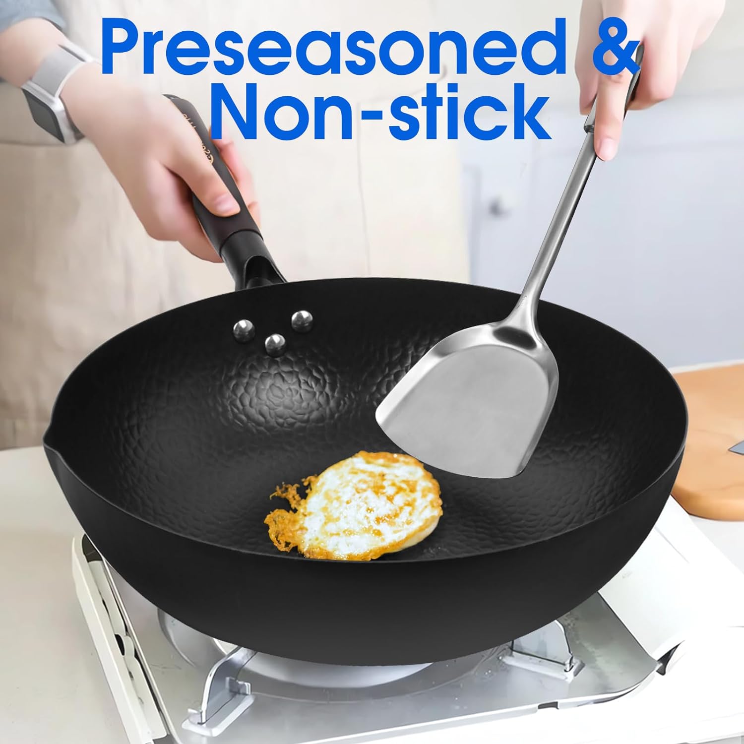 Carbon Steel Wok For Electric, Induction and Gas Stoves (Lid, Spatula and User Guide Video Included) - Grand Goldman