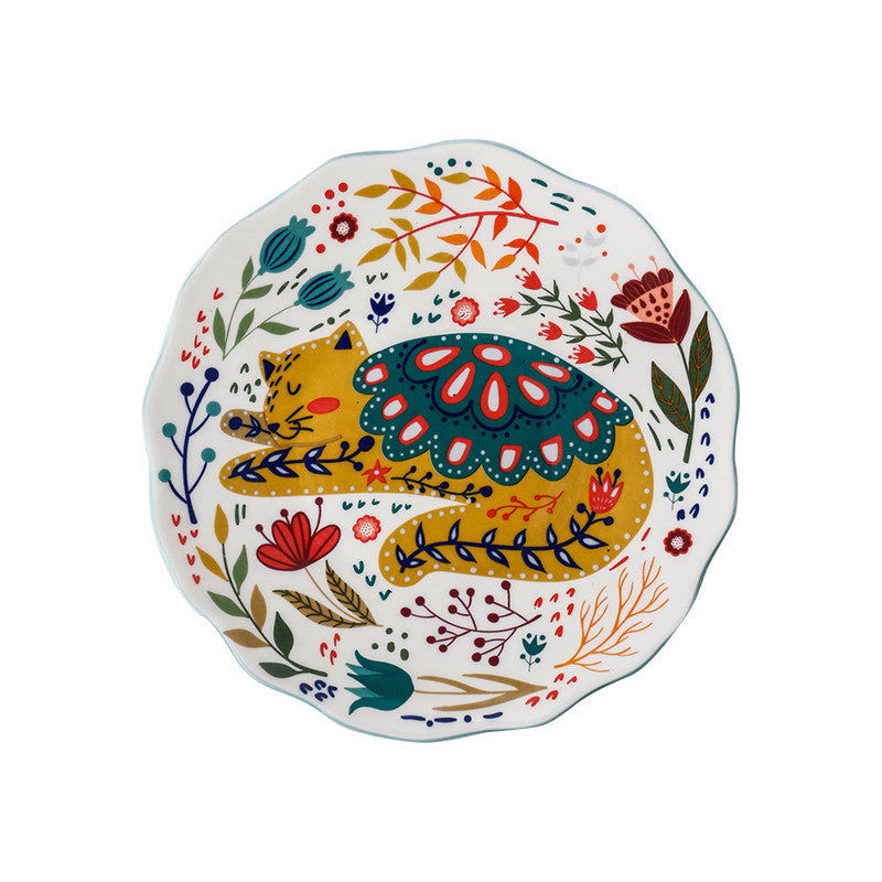 Cartoon Lucky Cat Round Plate Ceramic Color Dinner Plate Dish Plate Nordic Tableware - Grand Goldman