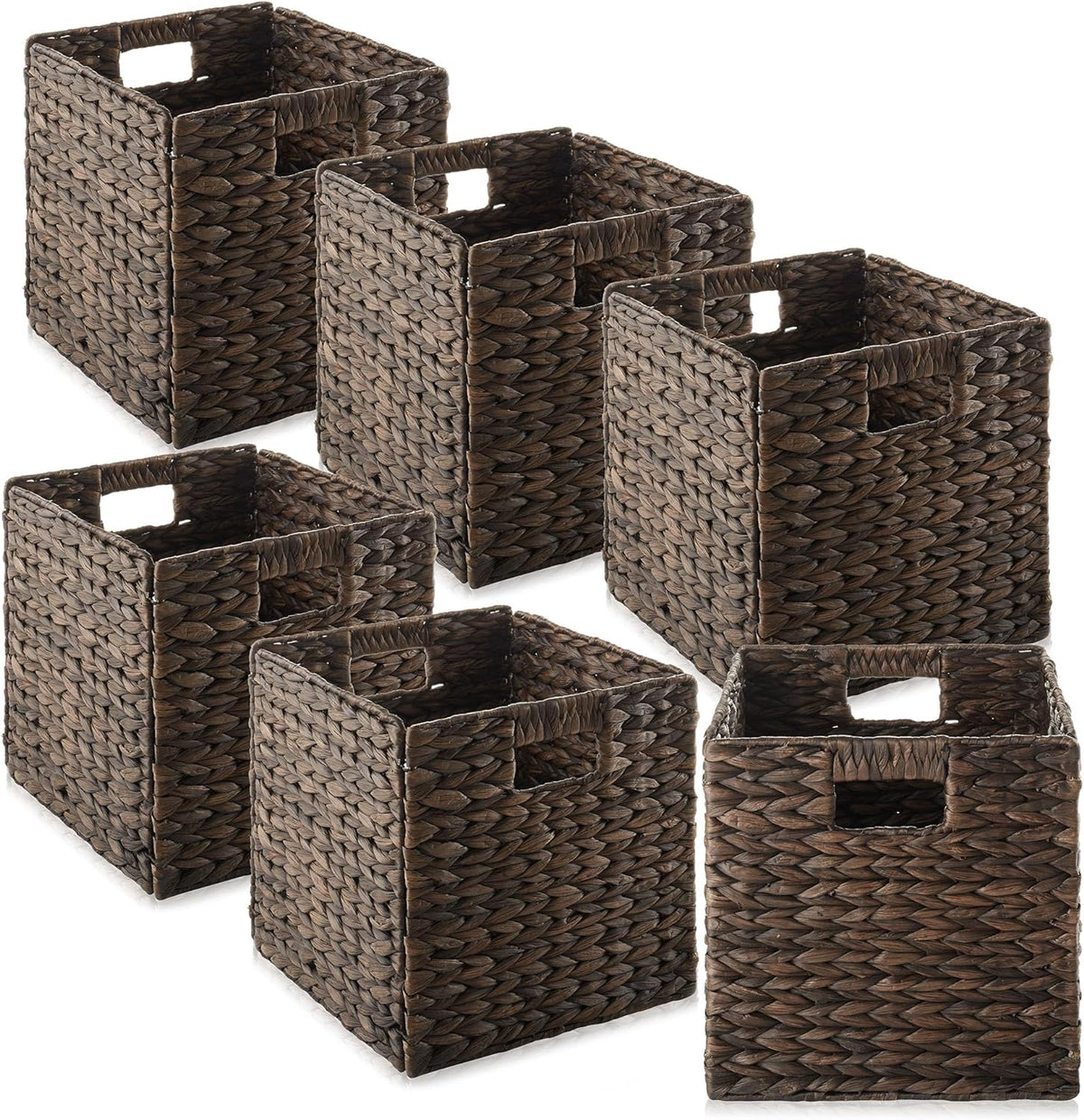 Casafield 10.5" x 10.5" Water Hyacinth Storage Baskets, Natural - Set of 6 Collapsible Cube Organizers, Woven Bins for Bathroom, Bedroom, Laundry, Pantry, Shelves - Grand Goldman