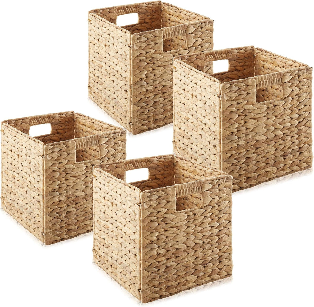 Casafield 10.5" x 10.5" Water Hyacinth Storage Baskets, Natural - Set of 6 Collapsible Cube Organizers, Woven Bins for Bathroom, Bedroom, Laundry, Pantry, Shelves - Grand Goldman