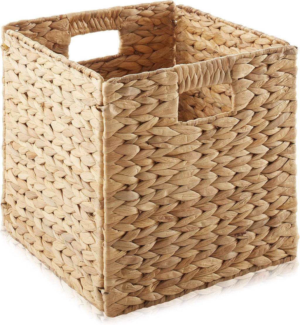 Casafield 10.5" x 10.5" Water Hyacinth Storage Baskets, Natural - Set of 6 Collapsible Cube Organizers, Woven Bins for Bathroom, Bedroom, Laundry, Pantry, Shelves - Grand Goldman