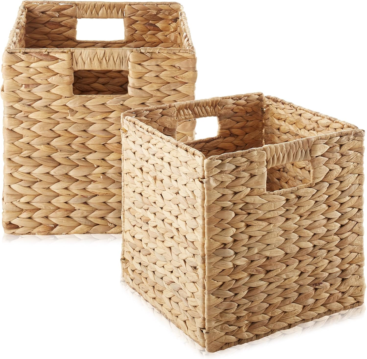 Casafield 10.5" x 10.5" Water Hyacinth Storage Baskets, Natural - Set of 6 Collapsible Cube Organizers, Woven Bins for Bathroom, Bedroom, Laundry, Pantry, Shelves - Grand Goldman