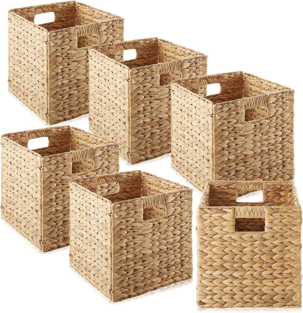 Casafield 10.5" x 10.5" Water Hyacinth Storage Baskets, Natural - Set of 6 Collapsible Cube Organizers, Woven Bins for Bathroom, Bedroom, Laundry, Pantry, Shelves - Grand Goldman