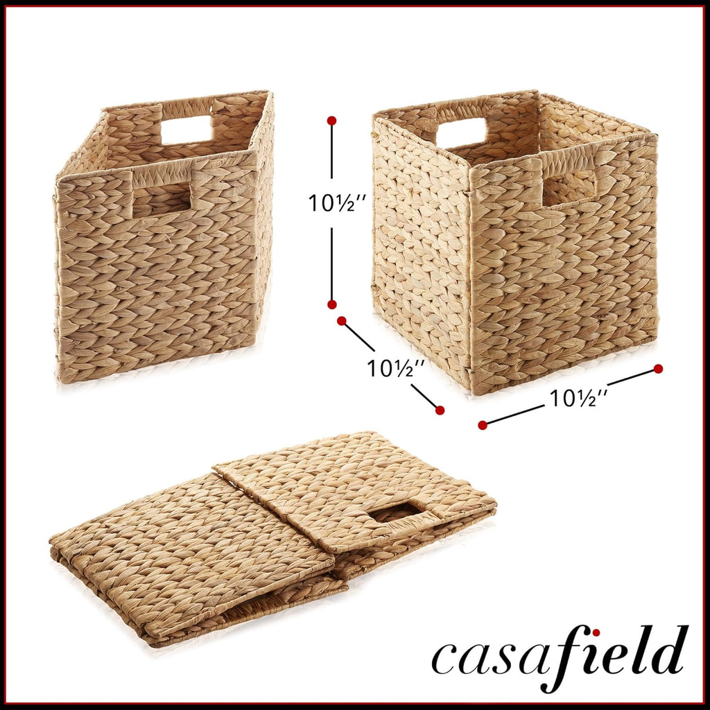 Casafield 10.5" x 10.5" Water Hyacinth Storage Baskets, Natural - Set of 6 Collapsible Cube Organizers, Woven Bins for Bathroom, Bedroom, Laundry, Pantry, Shelves - Grand Goldman
