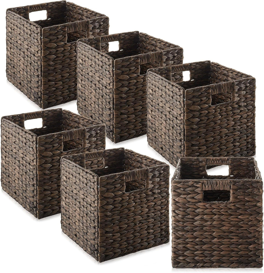 Casafield 10.5" x 10.5" Water Hyacinth Storage Baskets, Natural - Set of 6 Collapsible Cube Organizers, Woven Bins for Bathroom, Bedroom, Laundry, Pantry, Shelves - Grand Goldman