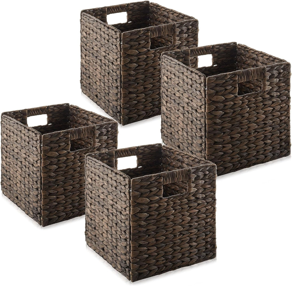 Casafield 10.5" x 10.5" Water Hyacinth Storage Baskets, Natural - Set of 6 Collapsible Cube Organizers, Woven Bins for Bathroom, Bedroom, Laundry, Pantry, Shelves - Grand Goldman