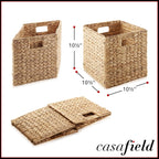 Casafield 10.5" x 10.5" Water Hyacinth Storage Baskets, Natural - Set of 6 Collapsible Cube Organizers, Woven Bins for Bathroom, Bedroom, Laundry, Pantry, Shelves - Grand Goldman