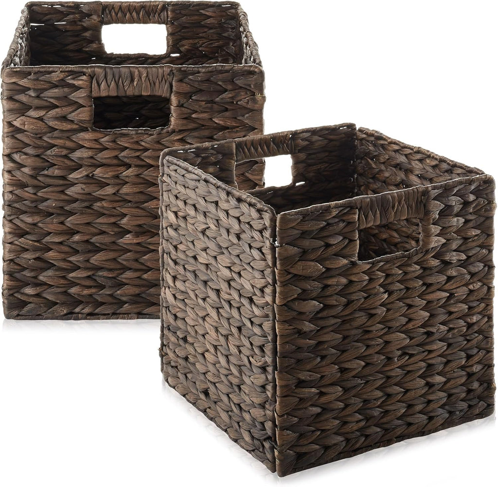 Casafield 10.5" x 10.5" Water Hyacinth Storage Baskets, Natural - Set of 6 Collapsible Cube Organizers, Woven Bins for Bathroom, Bedroom, Laundry, Pantry, Shelves - Grand Goldman