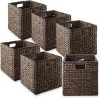 Casafield 12" x 12" Water Hyacinth Storage Baskets, Espresso - Set of 4 Collapsible Cube Organizers, Woven Bins for Bathroom, Bedroom, Laundry, Pantry, Shelves - Grand Goldman