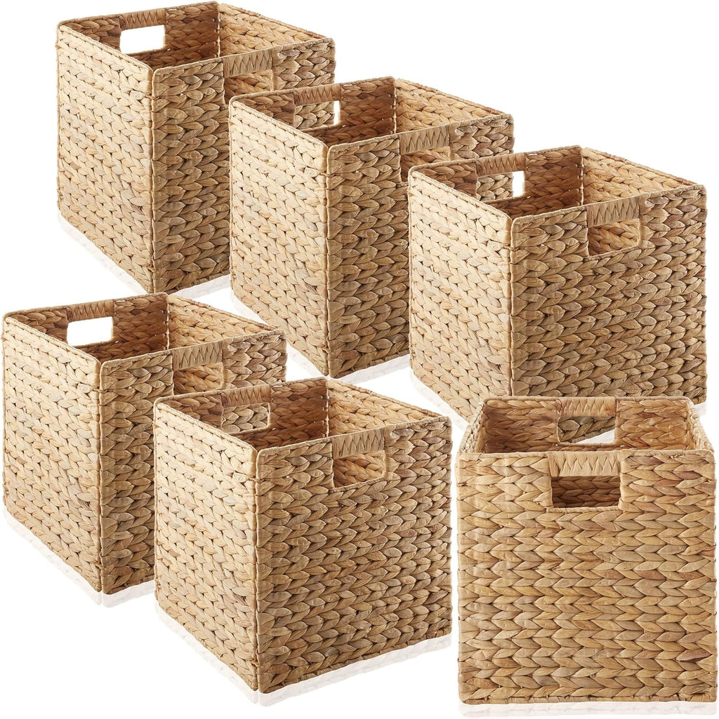 Casafield 12" x 12" Water Hyacinth Storage Baskets, Espresso - Set of 4 Collapsible Cube Organizers, Woven Bins for Bathroom, Bedroom, Laundry, Pantry, Shelves - Grand Goldman