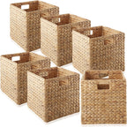 Casafield 12" x 12" Water Hyacinth Storage Baskets, Espresso - Set of 4 Collapsible Cube Organizers, Woven Bins for Bathroom, Bedroom, Laundry, Pantry, Shelves - Grand Goldman
