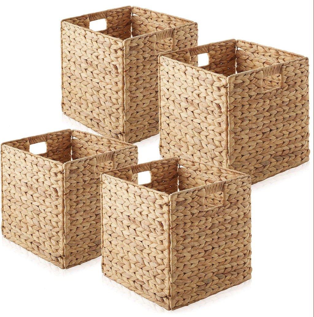 Casafield 12" x 12" Water Hyacinth Storage Baskets, Espresso - Set of 4 Collapsible Cube Organizers, Woven Bins for Bathroom, Bedroom, Laundry, Pantry, Shelves - Grand Goldman
