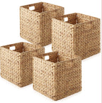 Casafield 12" x 12" Water Hyacinth Storage Baskets, Espresso - Set of 4 Collapsible Cube Organizers, Woven Bins for Bathroom, Bedroom, Laundry, Pantry, Shelves - Grand Goldman