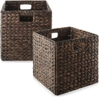 Casafield 12" x 12" Water Hyacinth Storage Baskets, Espresso - Set of 4 Collapsible Cube Organizers, Woven Bins for Bathroom, Bedroom, Laundry, Pantry, Shelves - Grand Goldman