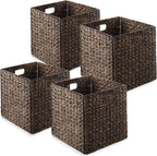 Casafield 12" x 12" Water Hyacinth Storage Baskets, Espresso - Set of 4 Collapsible Cube Organizers, Woven Bins for Bathroom, Bedroom, Laundry, Pantry, Shelves - Grand Goldman