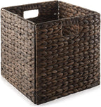 Casafield 12" x 12" Water Hyacinth Storage Baskets, Espresso - Set of 4 Collapsible Cube Organizers, Woven Bins for Bathroom, Bedroom, Laundry, Pantry, Shelves - Grand Goldman