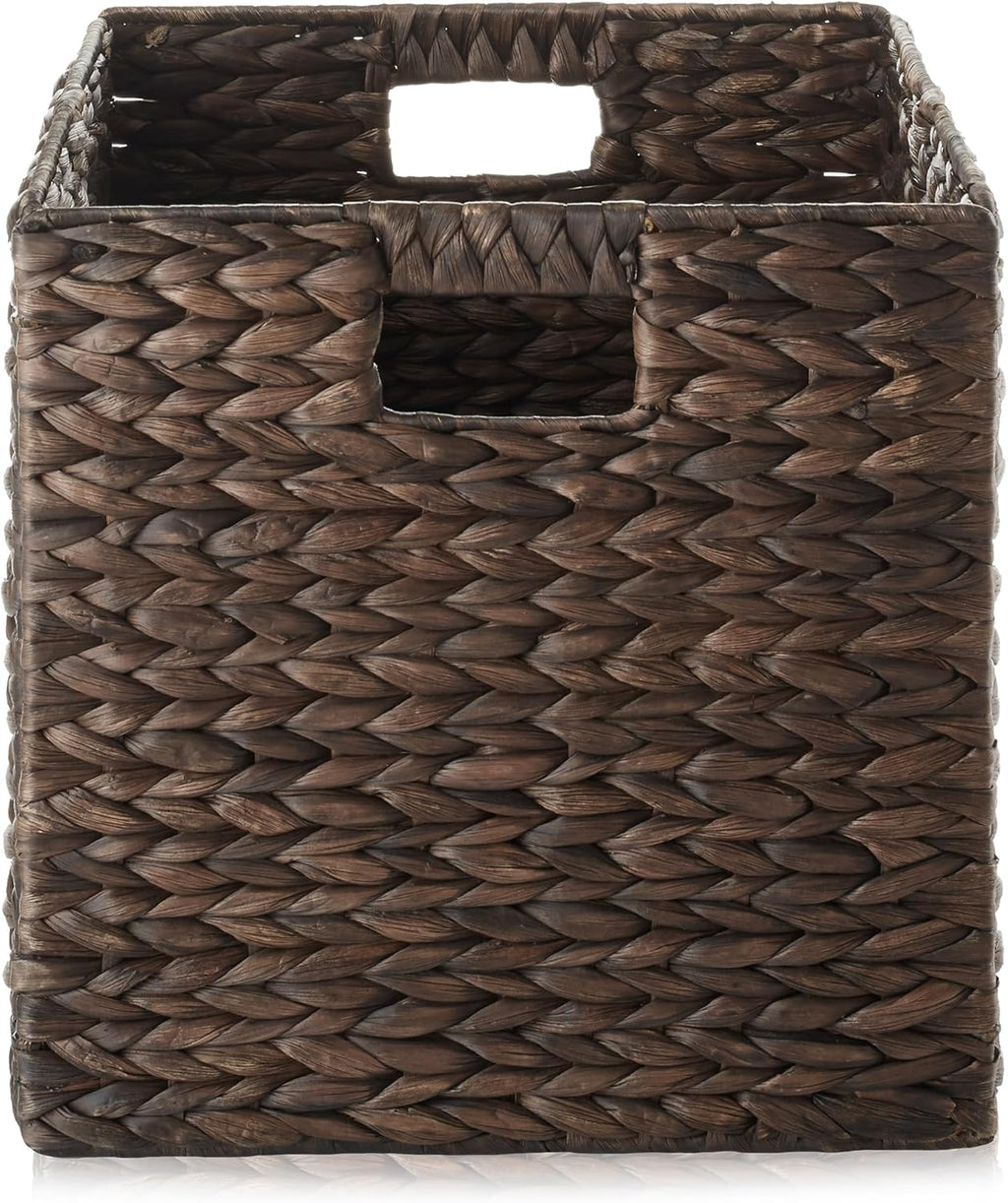 Casafield 12" x 12" Water Hyacinth Storage Baskets, Espresso - Set of 4 Collapsible Cube Organizers, Woven Bins for Bathroom, Bedroom, Laundry, Pantry, Shelves - Grand Goldman