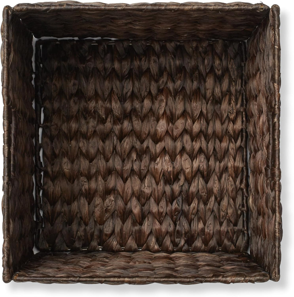 Casafield 12" x 12" Water Hyacinth Storage Baskets, Espresso - Set of 4 Collapsible Cube Organizers, Woven Bins for Bathroom, Bedroom, Laundry, Pantry, Shelves - Grand Goldman