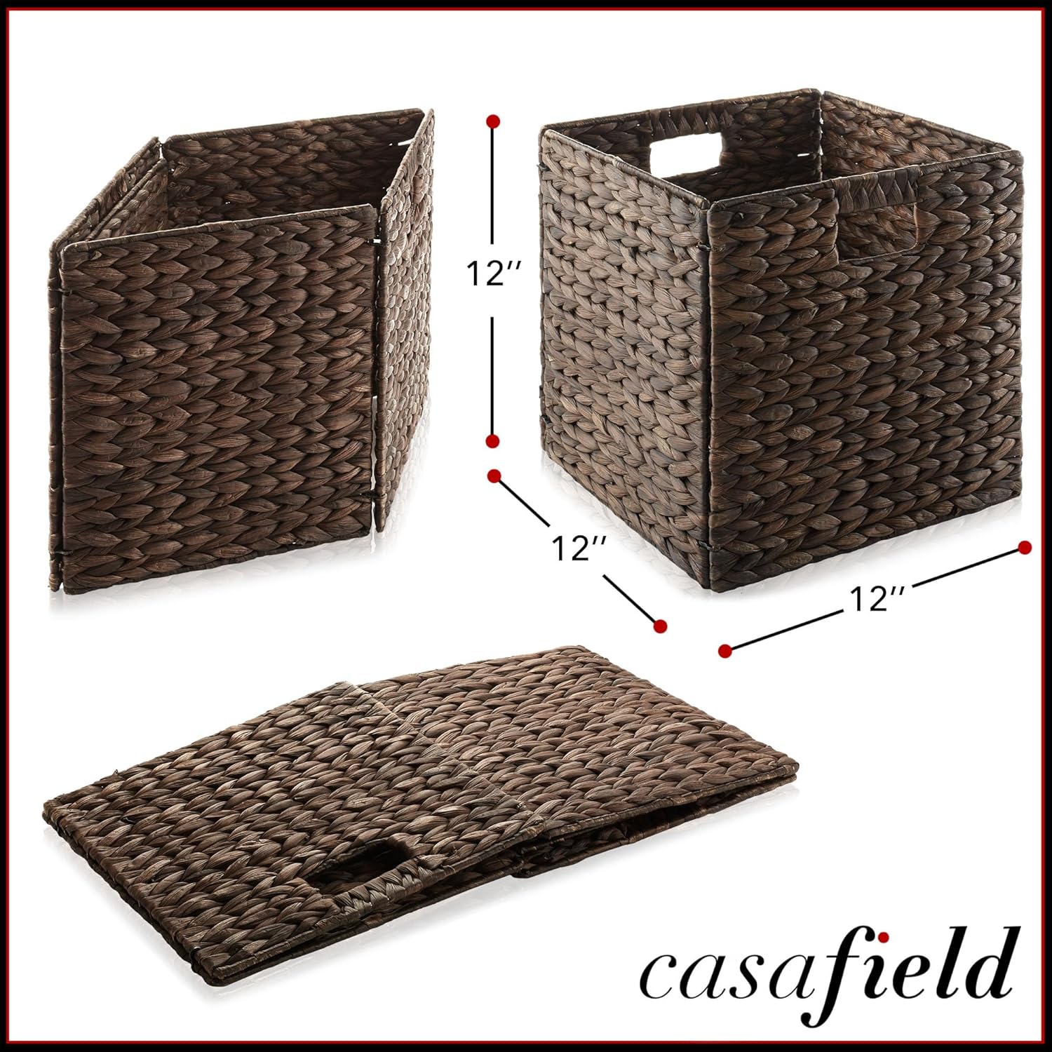 Casafield 12" x 12" Water Hyacinth Storage Baskets, Espresso - Set of 4 Collapsible Cube Organizers, Woven Bins for Bathroom, Bedroom, Laundry, Pantry, Shelves - Grand Goldman