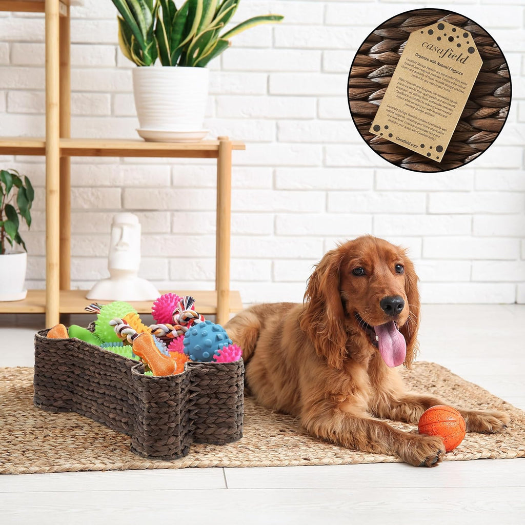 Casafield Dog Bone Shaped Storage Basket - Espresso, Large Woven Water Hyacinth Pet Toy Organizer Bin - Grand Goldman
