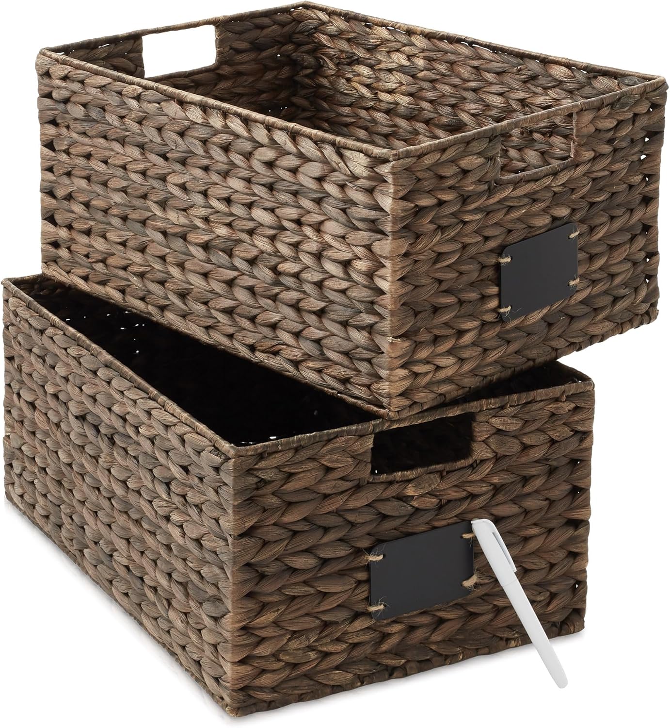 Casafield Set of 4 Water Hyacinth Pantry Baskets, 10" x 13" x 5", with Chalkboard Labels and Chalk Marker - Espresso, Woven Storage Bin Organizers for Kitchen Shelves - Grand Goldman