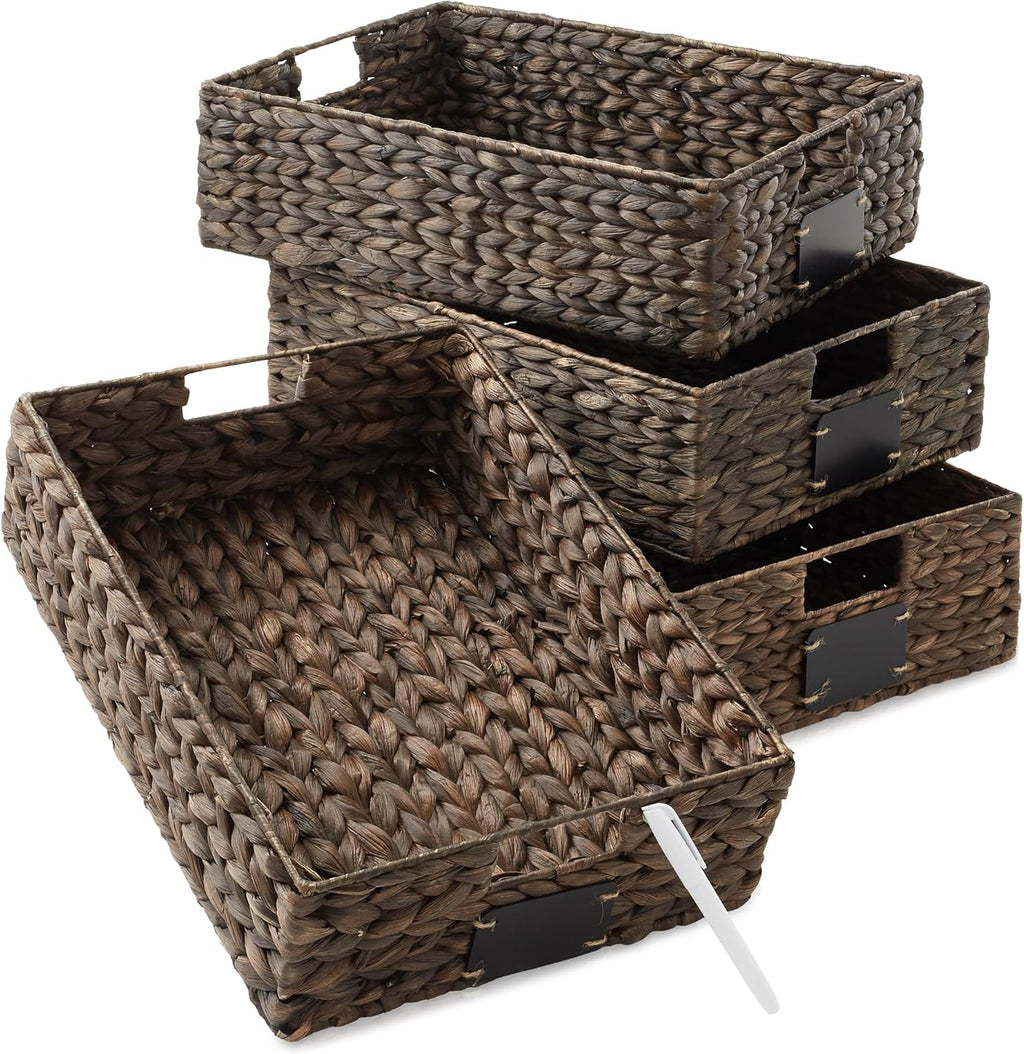 Casafield Set of 4 Water Hyacinth Pantry Baskets, 10" x 13" x 5", with Chalkboard Labels and Chalk Marker - Espresso, Woven Storage Bin Organizers for Kitchen Shelves - Grand Goldman