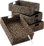 Casafield Set of 4 Water Hyacinth Pantry Baskets, 10" x 13" x 5", with Chalkboard Labels and Chalk Marker - Espresso, Woven Storage Bin Organizers for Kitchen Shelves - Grand Goldman