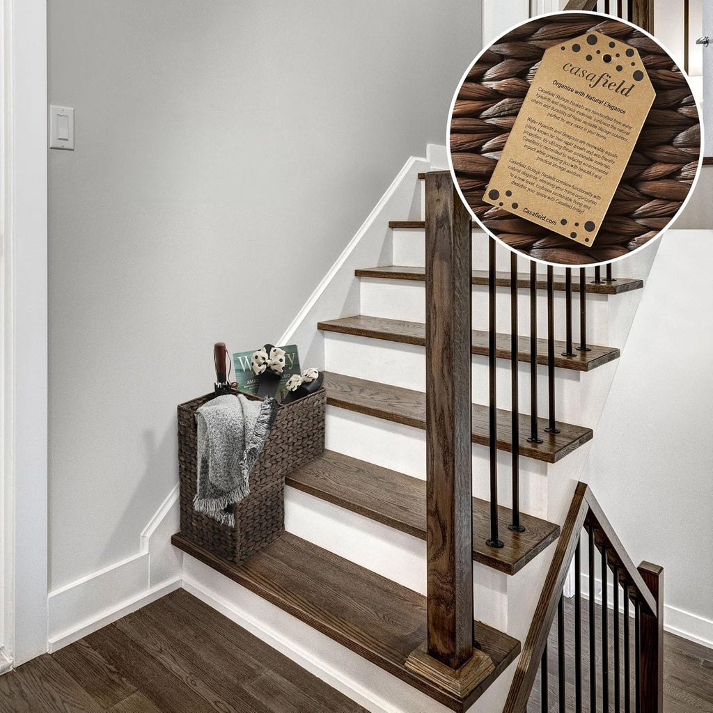 Casafield Stair Step Basket with Handles, Espresso - Woven Water Hyacinth Staircase Basket Storage Bin Organizer - Grand Goldman