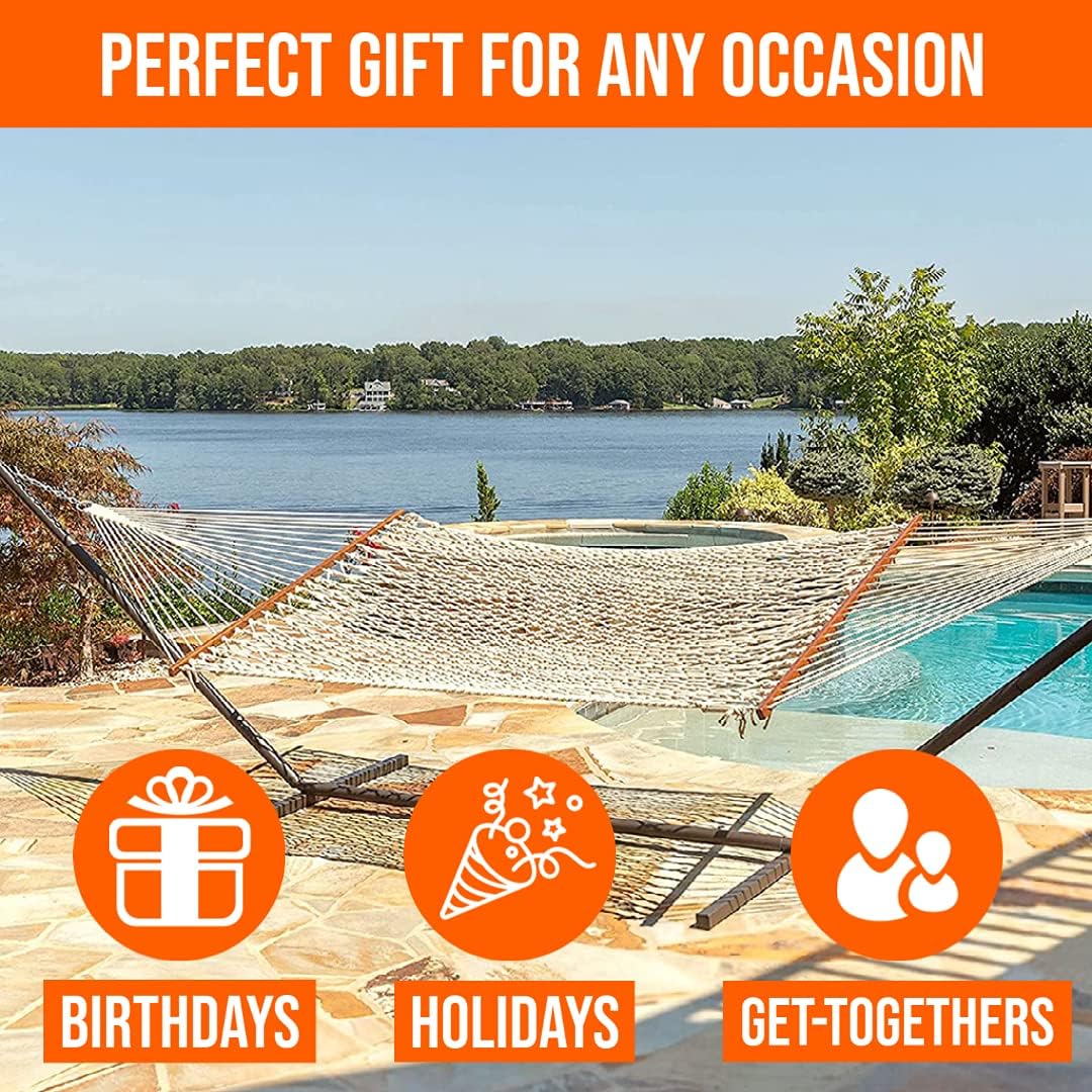 Castaway Living 13 ft. Double Traditional Hand Woven Cotton Rope Hammock with Free Extension Chains & Tree Hooks, Designed in The USA, Accommodates Two People with a Weight Capacity of 450 lbs. - Grand Goldman