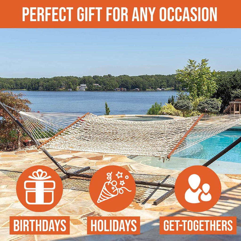 Castaway Living 13 ft. Double Traditional Hand Woven Cotton Rope Hammock with Free Extension Chains & Tree Hooks, Designed in The USA, Accommodates Two People with a Weight Capacity of 450 lbs. - Grand Goldman