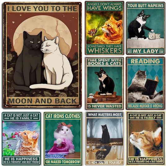 Cats Decor Funny Metal Tin Signs I Love you to the moon and Back Cat Posters for Home Bathroom cafe Pub Bar Gifts for Cat Lovers - Grand Goldman