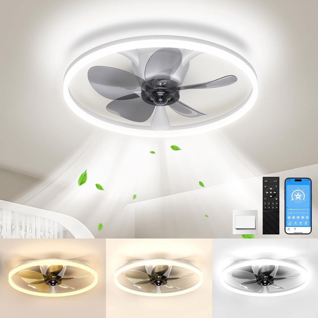 Ceiling Fans with Lights and Remote, 20'' Flush Mount Ceiling Fan of 150° Ultra Wide, Low Profile Ceiling Fan with 6 Speeds, 3000-6500K Dimmable Led for Bedroom Livingroom, Black - Grand Goldman