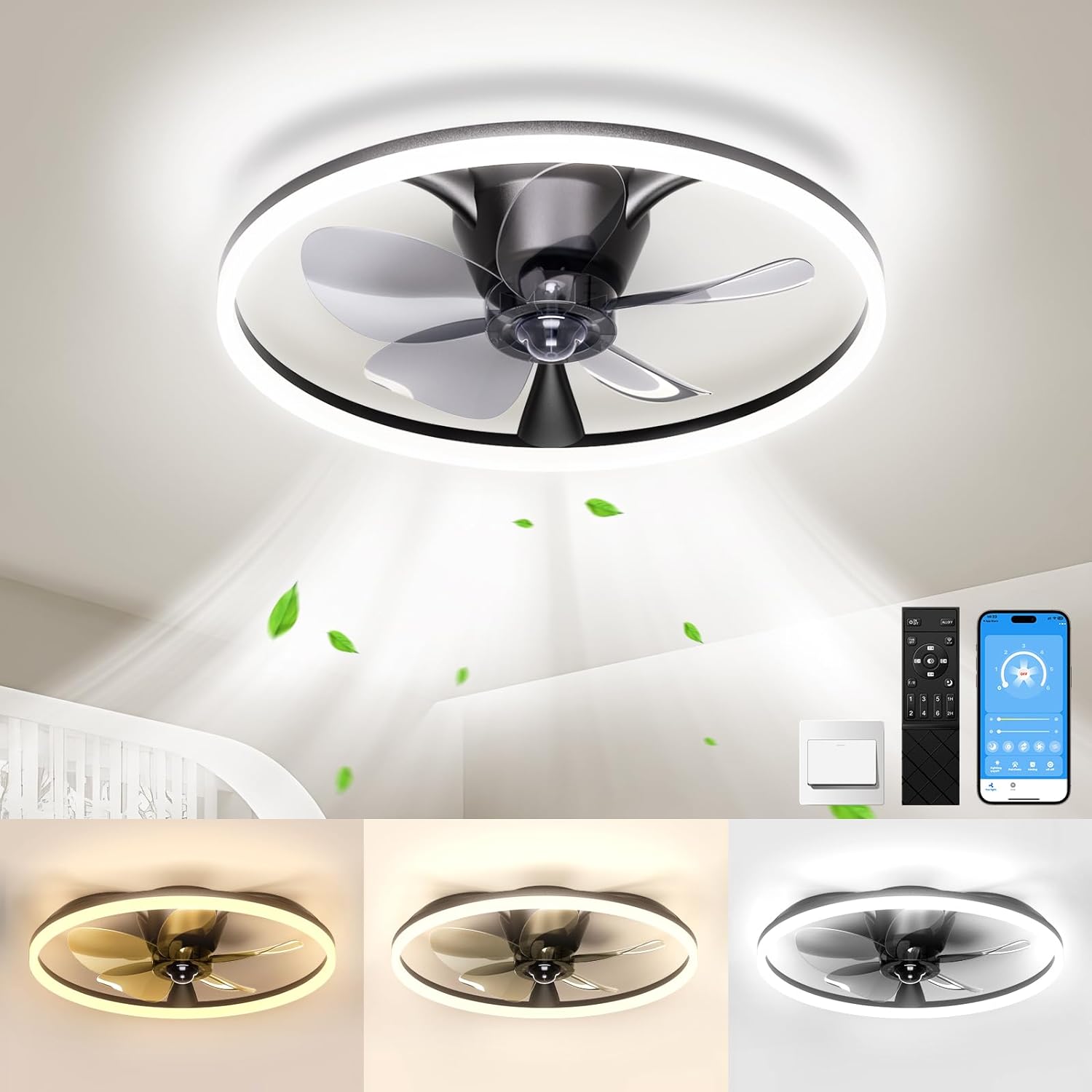 Ceiling Fans with Lights and Remote, 20'' Flush Mount Ceiling Fan of 150° Ultra Wide, Low Profile Ceiling Fan with 6 Speeds, 3000-6500K Dimmable Led for Bedroom Livingroom, Black - Grand Goldman