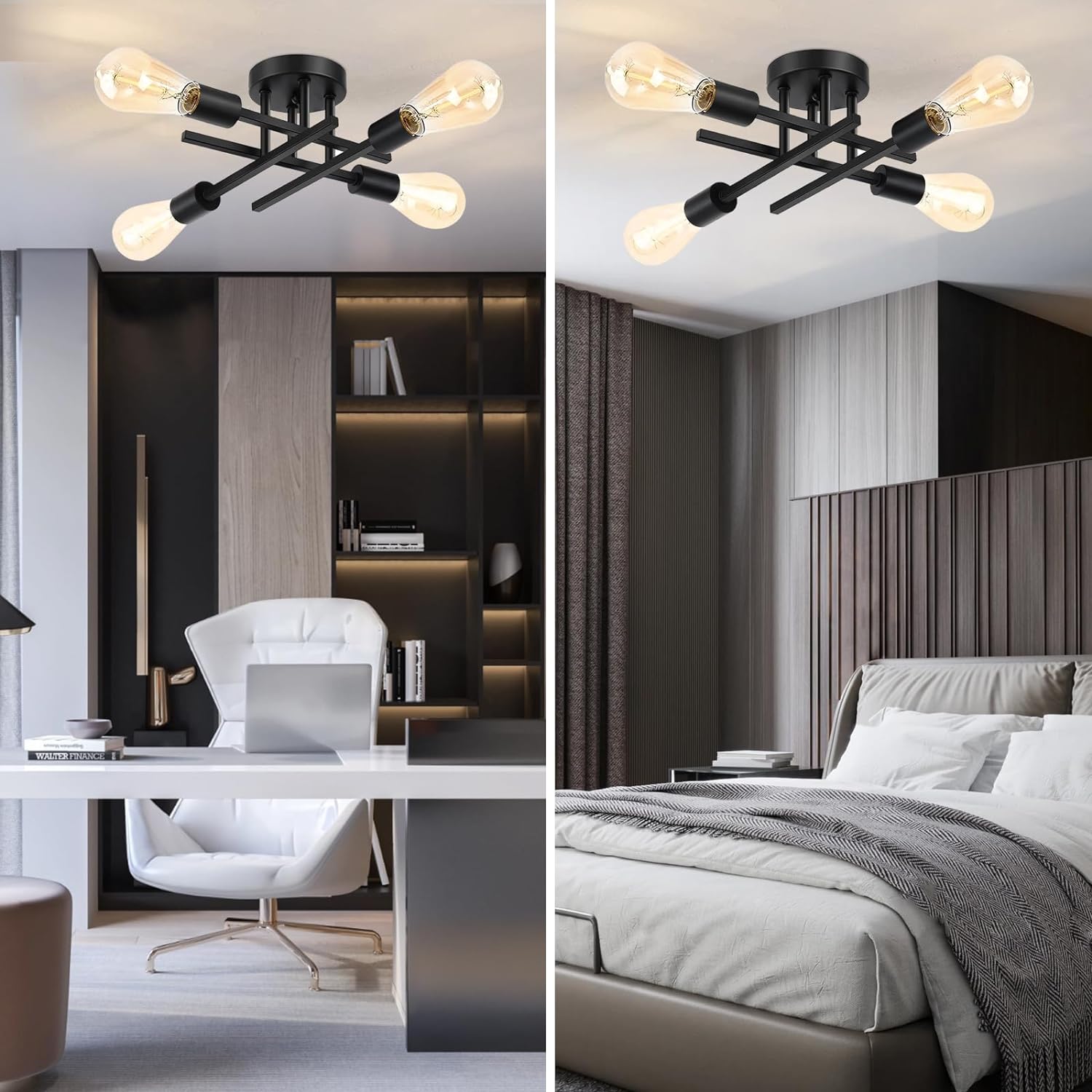Ceiling Light, 4-Light Black Ceiling Light Fixture, Semi Flush Mount Ceiling Light, Dining Room Light Fixture, Modern Ceiling Lights with E26 Base, Bedroom Lights for Ceiling,Light Fixture for Bedroom - Grand Goldman