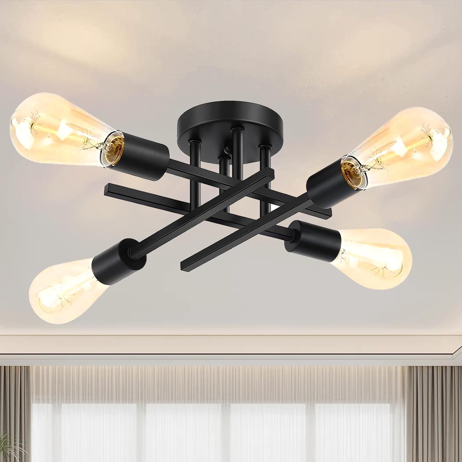 Ceiling Light, 4-Light Black Ceiling Light Fixture, Semi Flush Mount Ceiling Light, Dining Room Light Fixture, Modern Ceiling Lights with E26 Base, Bedroom Lights for Ceiling,Light Fixture for Bedroom - Grand Goldman
