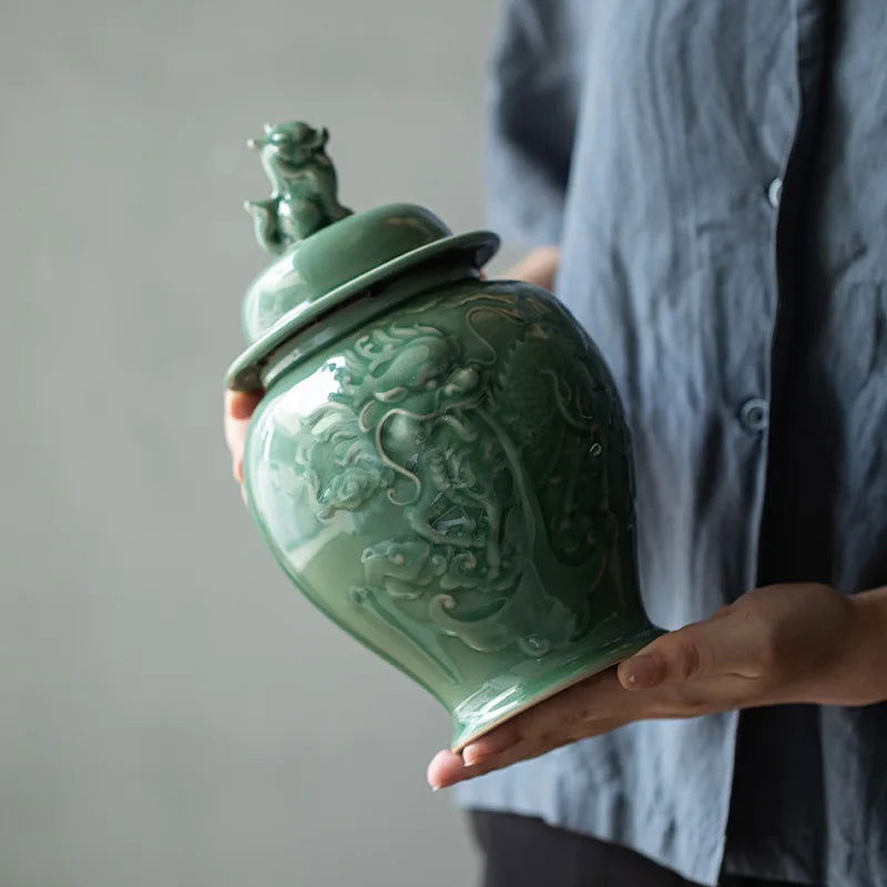 Celadon Tea Caddy Sealed General Jar Dragon Relief Porcelain Ginger Jar Storage Tank Storage Home Decoration Vintage Bottle - Grand Goldman