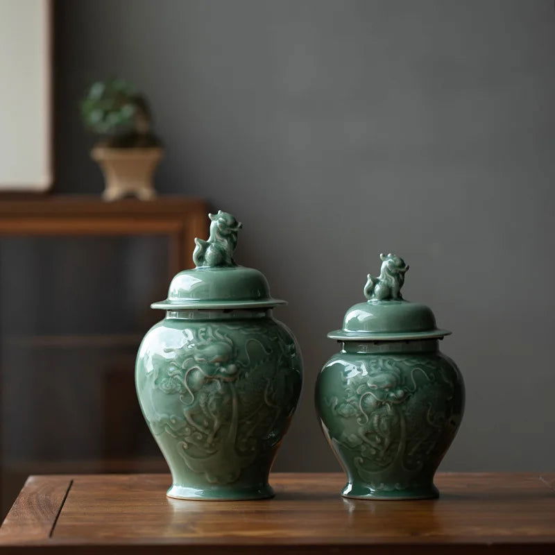 Celadon Tea Caddy Sealed General Jar Dragon Relief Porcelain Ginger Jar Storage Tank Storage Home Decoration Vintage Bottle - Grand Goldman