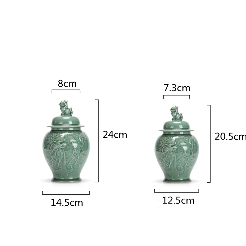 Celadon Tea Caddy Sealed General Jar Dragon Relief Porcelain Ginger Jar Storage Tank Storage Home Decoration Vintage Bottle - Grand Goldman