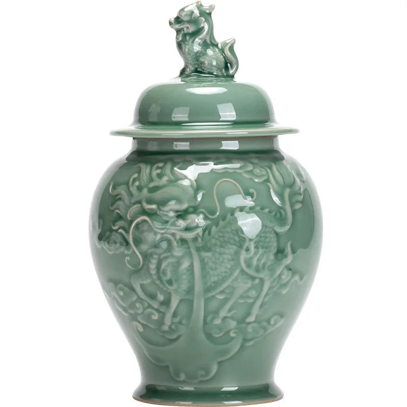 Celadon Tea Caddy Sealed General Jar Dragon Relief Porcelain Ginger Jar Storage Tank Storage Home Decoration Vintage Bottle - Grand Goldman