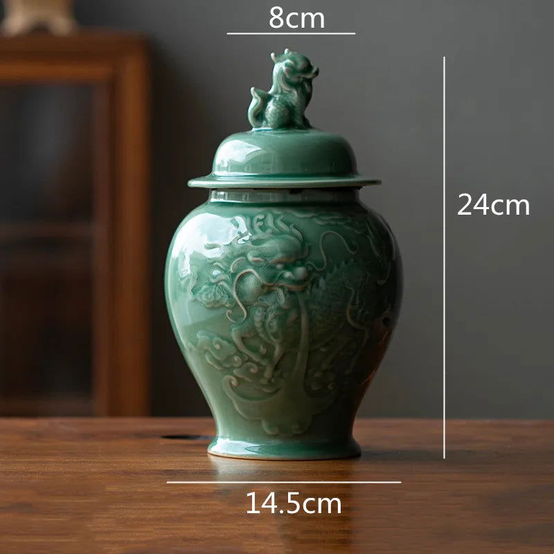 Celadon Tea Caddy Sealed General Jar Dragon Relief Porcelain Ginger Jar Storage Tank Storage Home Decoration Vintage Bottle - Grand Goldman