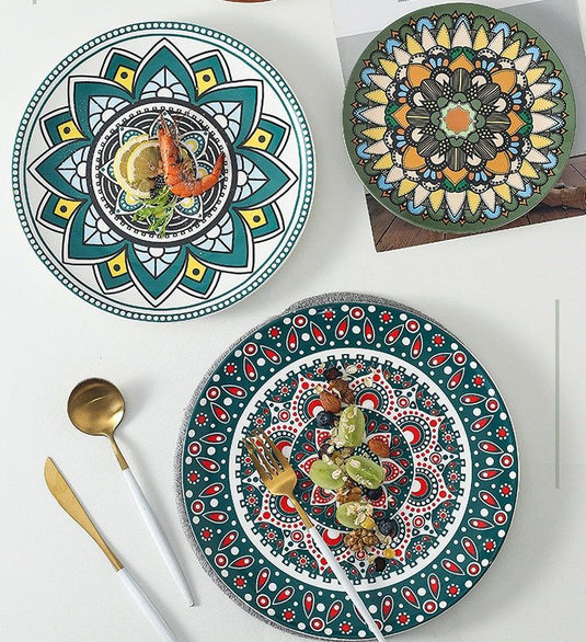 Ceramic Bohemian Tableware Platter Moroccan Pattern Ethnic Flat Plate - Grand Goldman