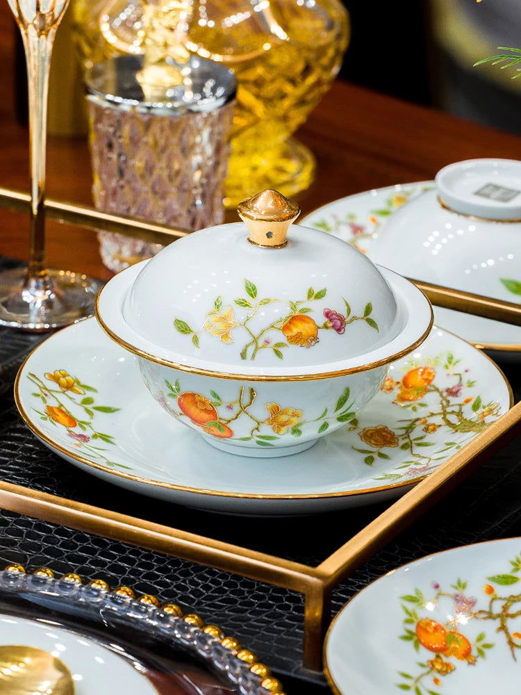 Ceramic Bowl and Plate Set Household Gold Border Ceramic Bowls and Dishes Home Tableware Set - Grand Goldman