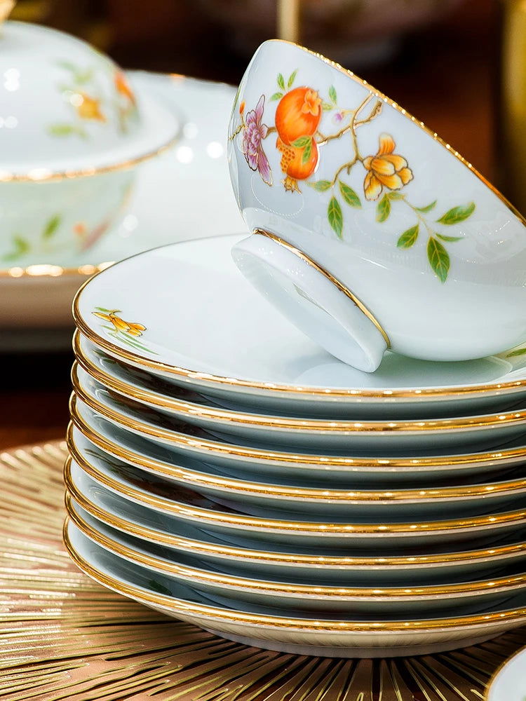 Ceramic Bowl and Plate Set Household Gold Border Ceramic Bowls and Dishes Home Tableware Set - Grand Goldman
