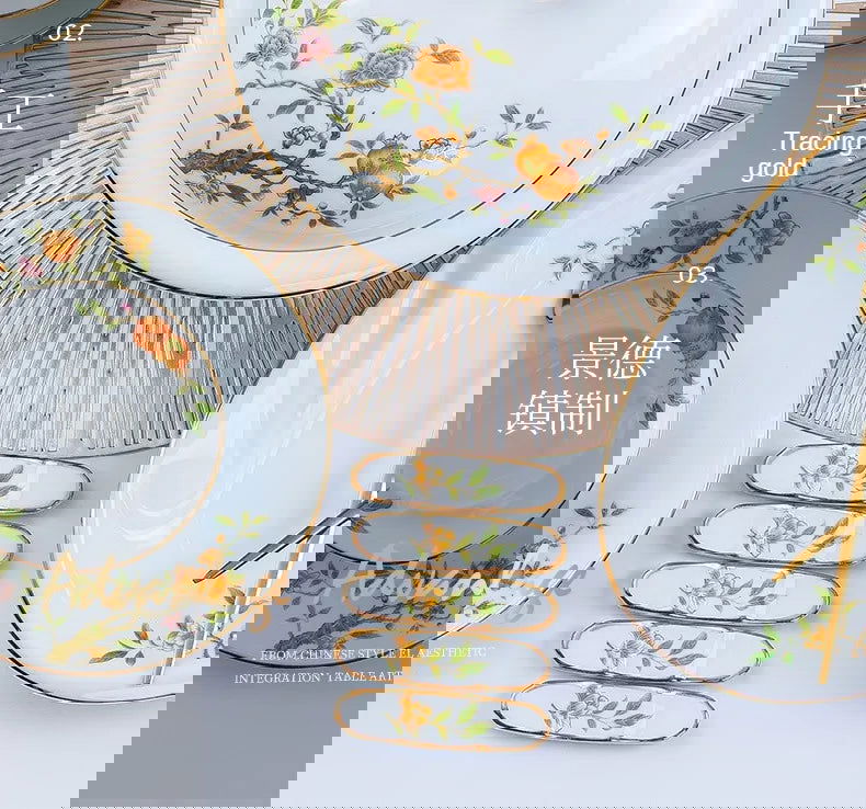 Ceramic Bowl and Plate Set Household Gold Border Ceramic Bowls and Dishes Home Tableware Set - Grand Goldman