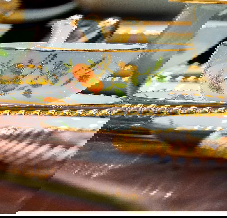 Ceramic Bowl and Plate Set Household Gold Border Ceramic Bowls and Dishes Home Tableware Set - Grand Goldman