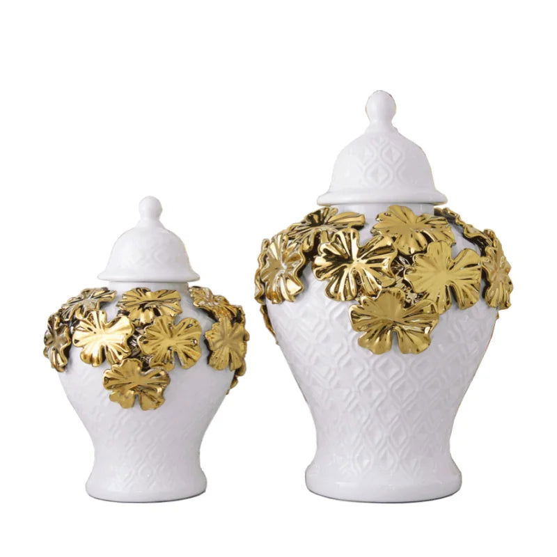 Ceramic Checkmate Jar Argyle Ginger Jar Embossed Gold Petal Storage Tank Flower Vase Home Decoration Accessories - Grand Goldman